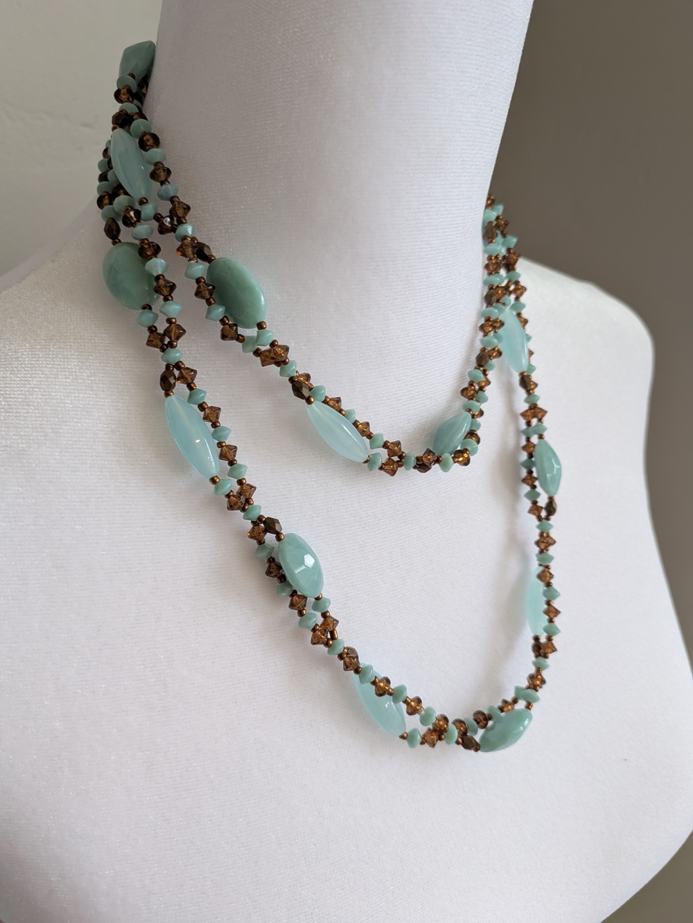 Cookie Lee Mint Green Beaded Long Necklace with Bronze Accent-VTG